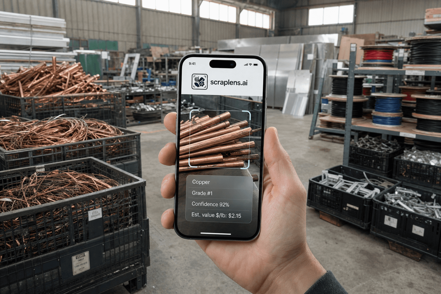 ScrapLens app scanning scrap materials in a warehouse